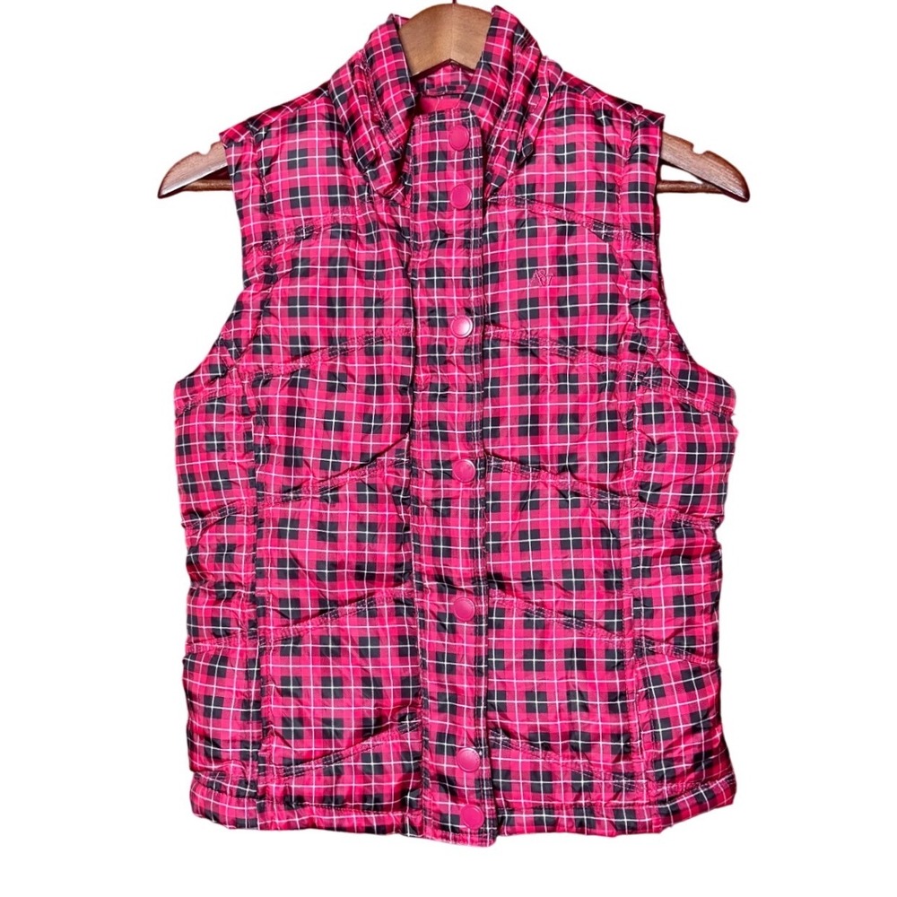 Aeropostale Puffer Vest Women Small Pink Black Plaid Zip Snap Fleece Lined